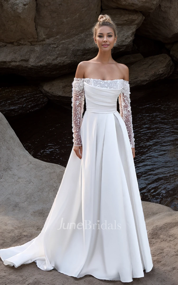 Princess Beach Off the Shoulder Long Sleeve Ball-Gown Wedding Dress Romantic Sparkly Sequins Ruching Corset Satin Bridal Gown