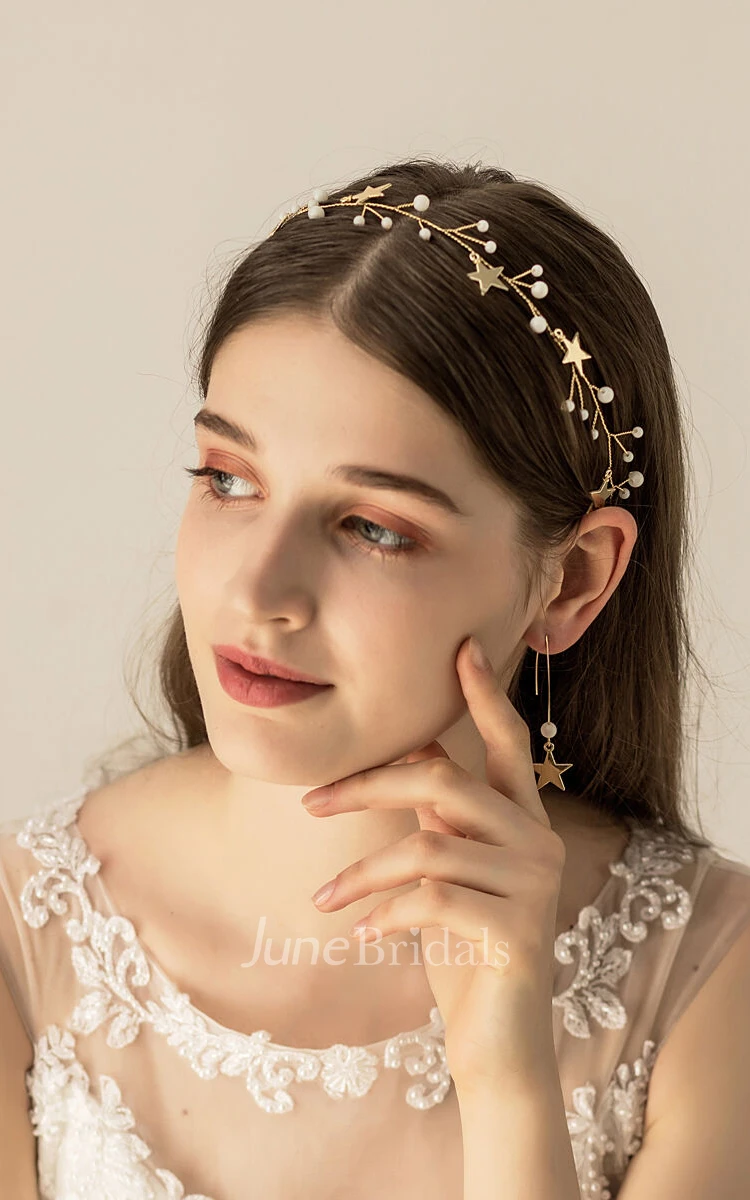 Golden Beaded Bridal Headbands and Earrings with Stars 