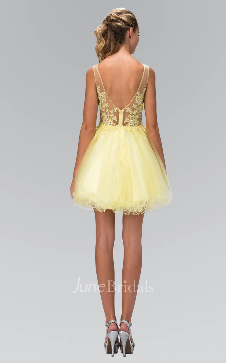A-Line Short Bateau Sleeveless Low-V Back Dress With Appliques And Ruffles