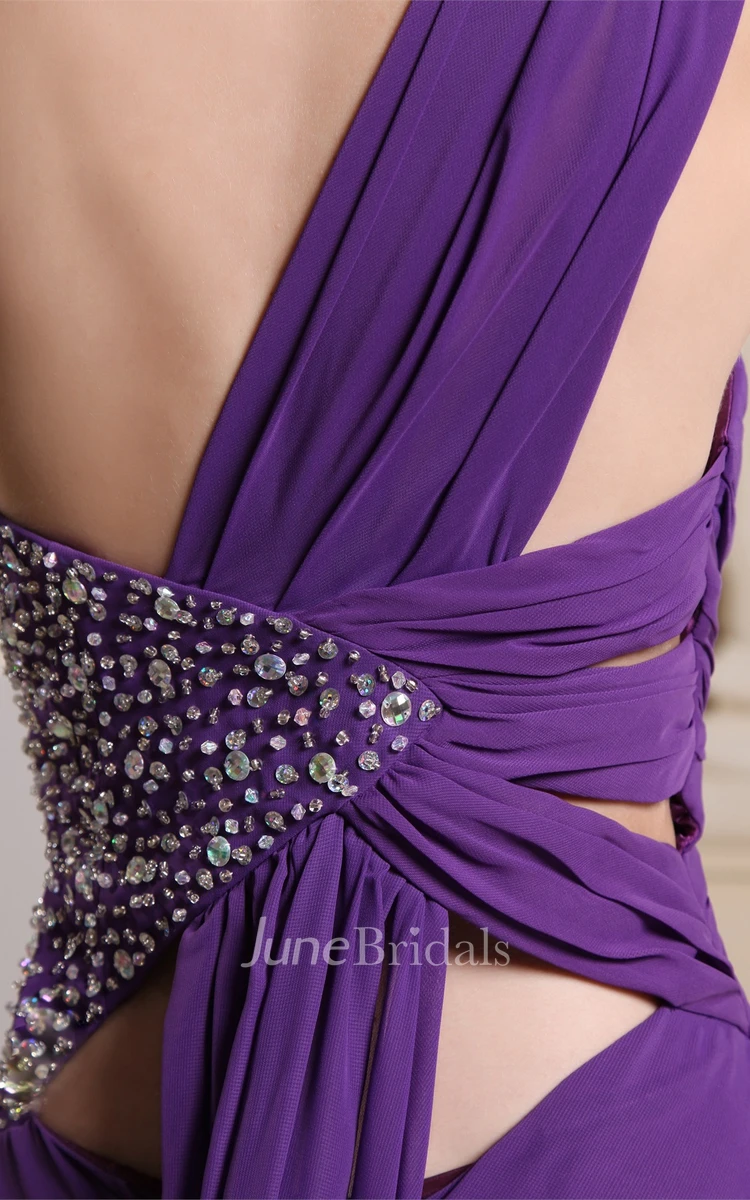 One-Shoulder Front-Split Long Dress with Ruching and Side Beading