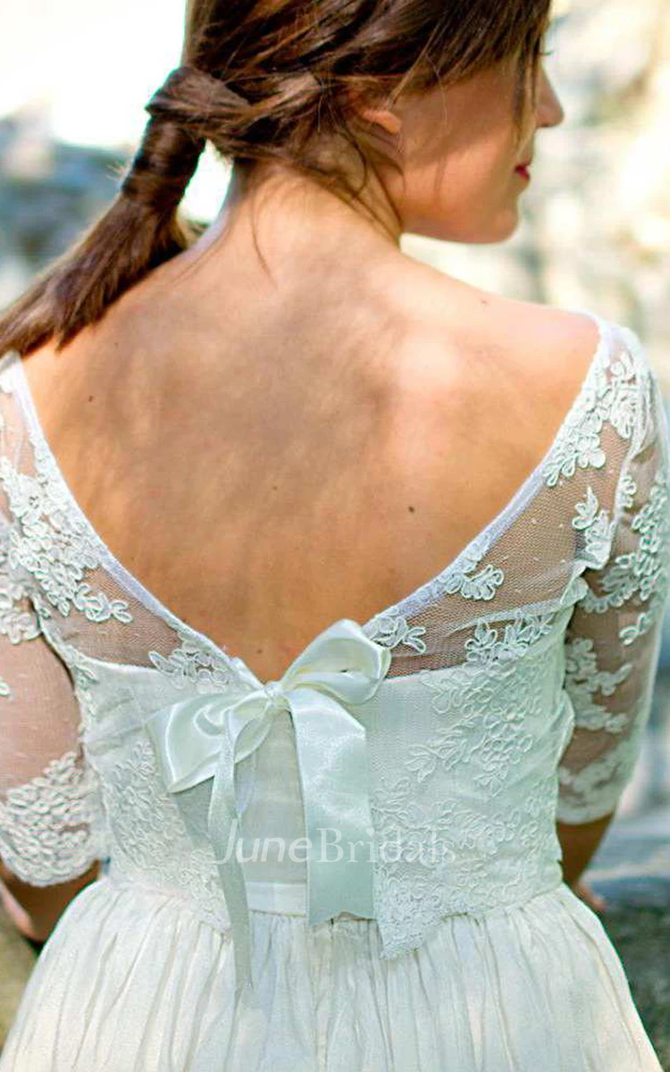 Bateau Illusion Half Sleeve Lace Floor-Length Wedding Dress With Low-V Back