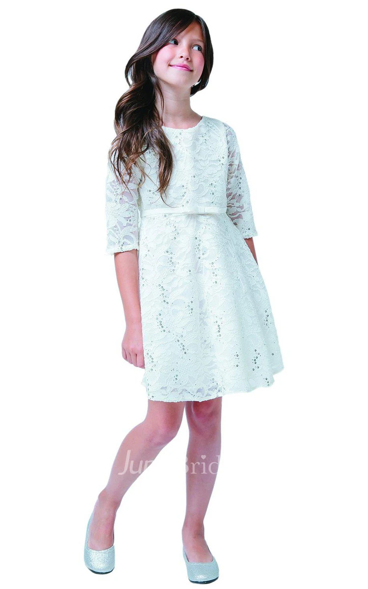 Half-sleeved Short Lace Dress With Belt