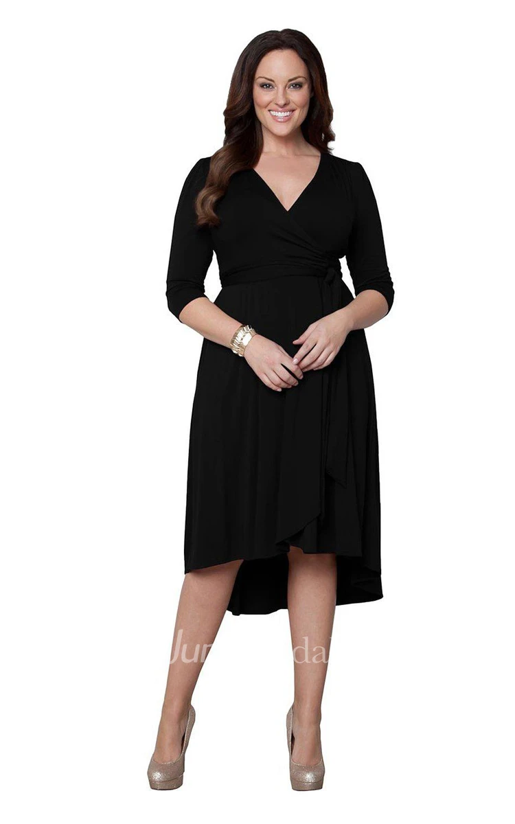 3 4 Sleeved V-neck A-line Dress With Pleats