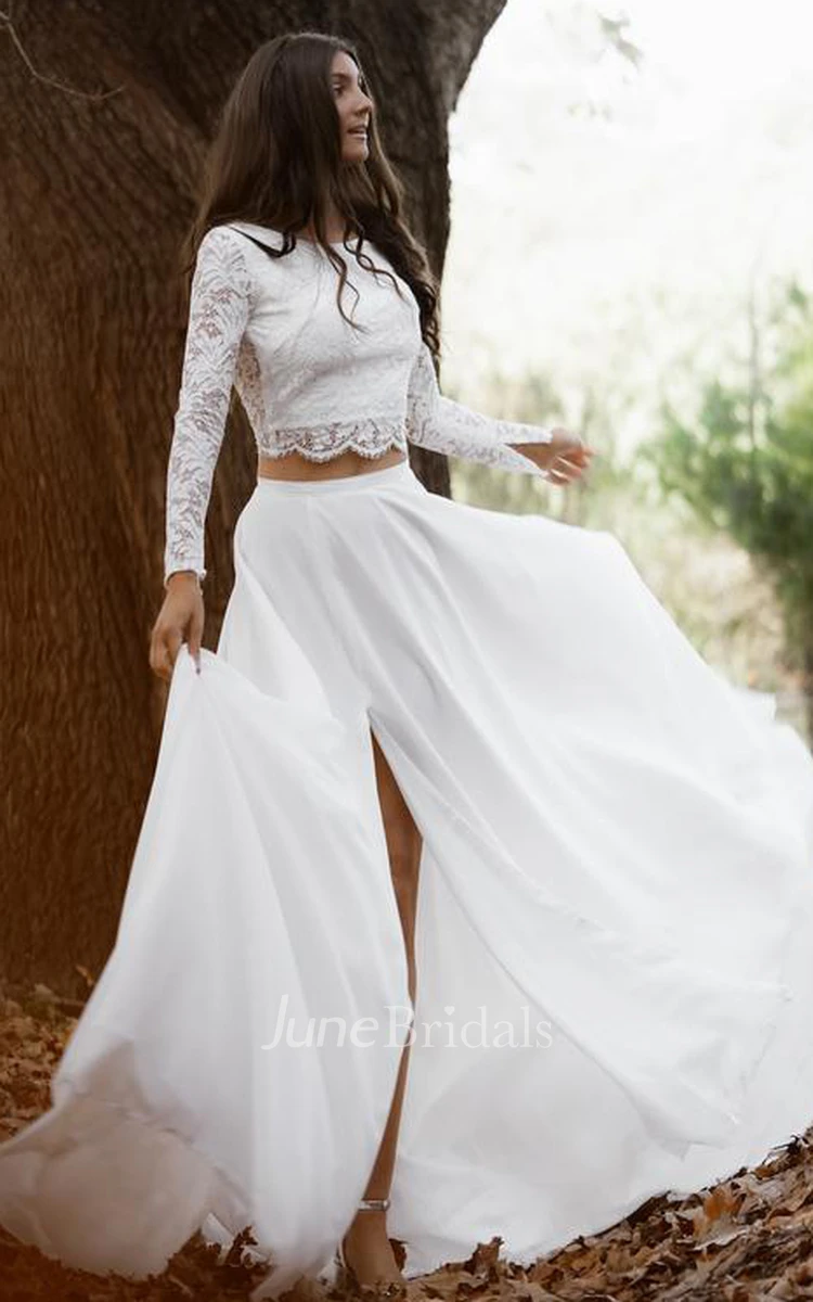 Casual Chiffon Lace Bateau Two Piece Long Sleeve Wedding Dress with Split Front and Keyhole