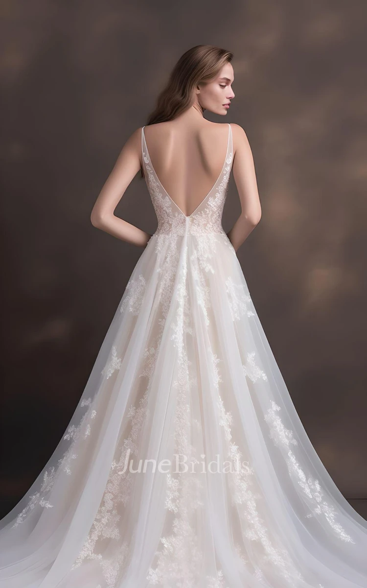 A-Line Ball Gown Tulle Sleeveless Wedding Dress Plunging Neckline V-Back Country Beach Court Train Elegant Romantic