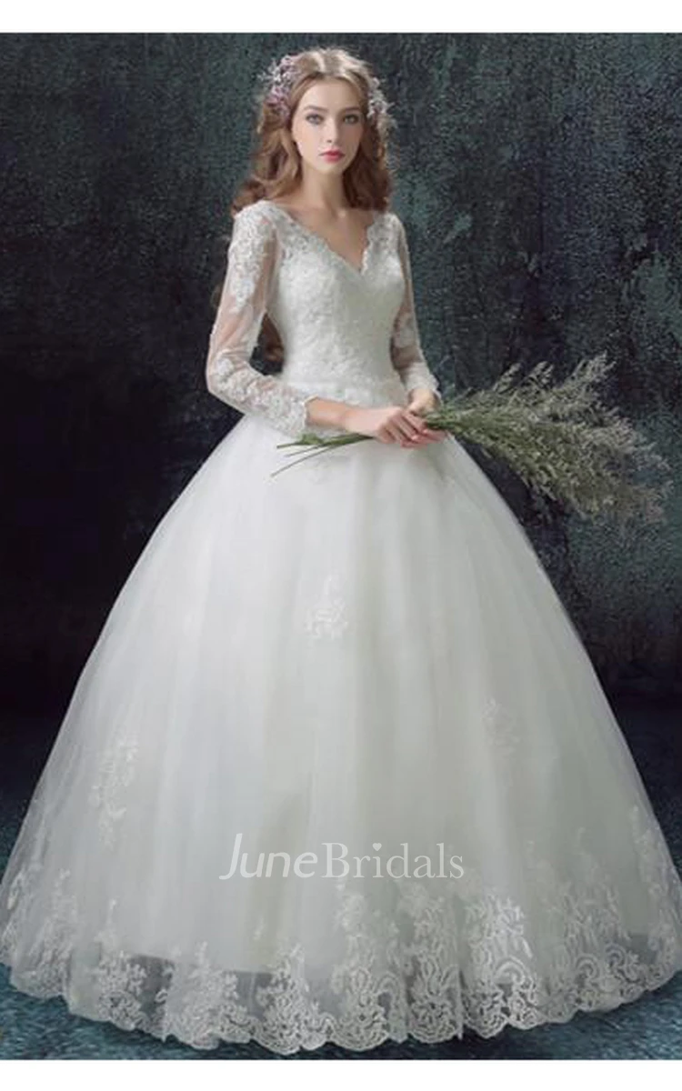 Romantic Lace Tulle Ball Gown Wedding Dress 3 4-Long Sleeve