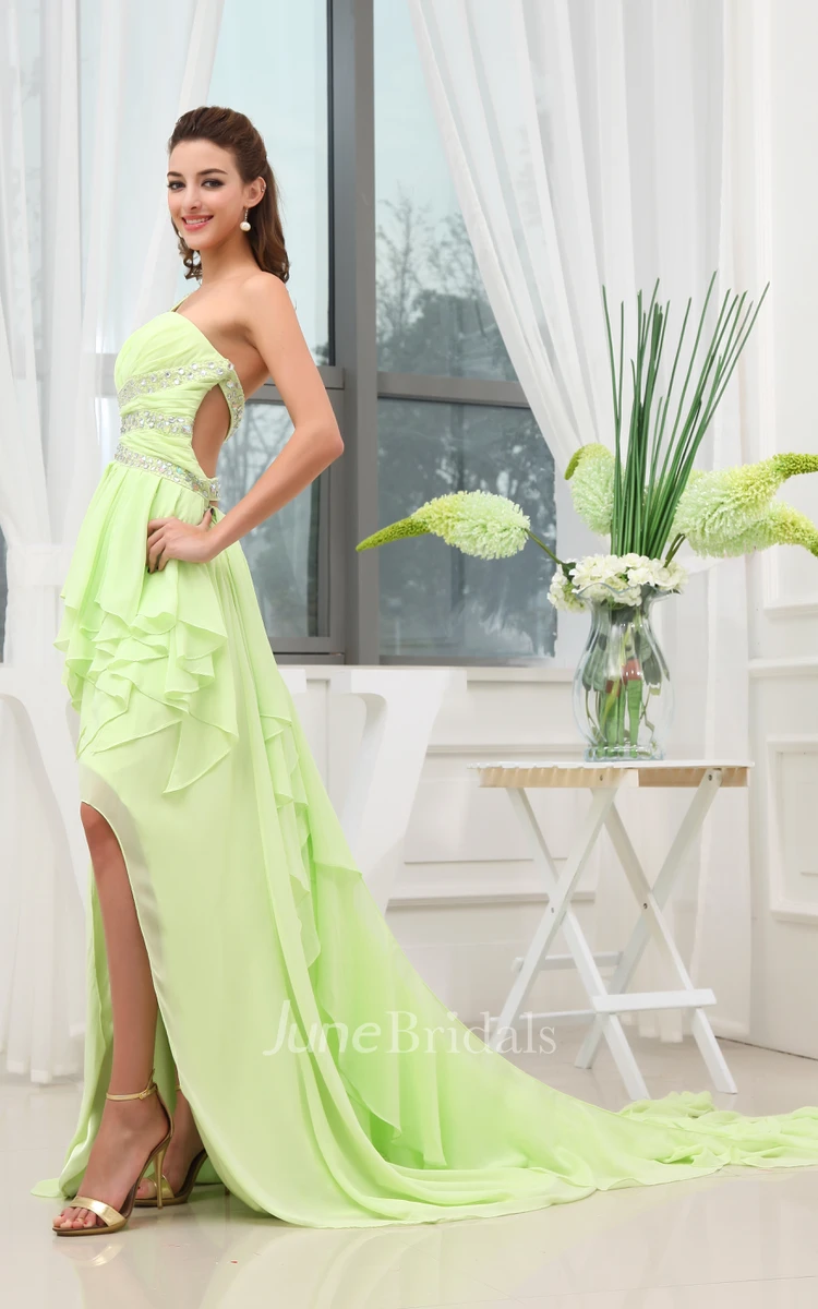 Chiffon High-Low Beaded Dress With Cascading Ruffles