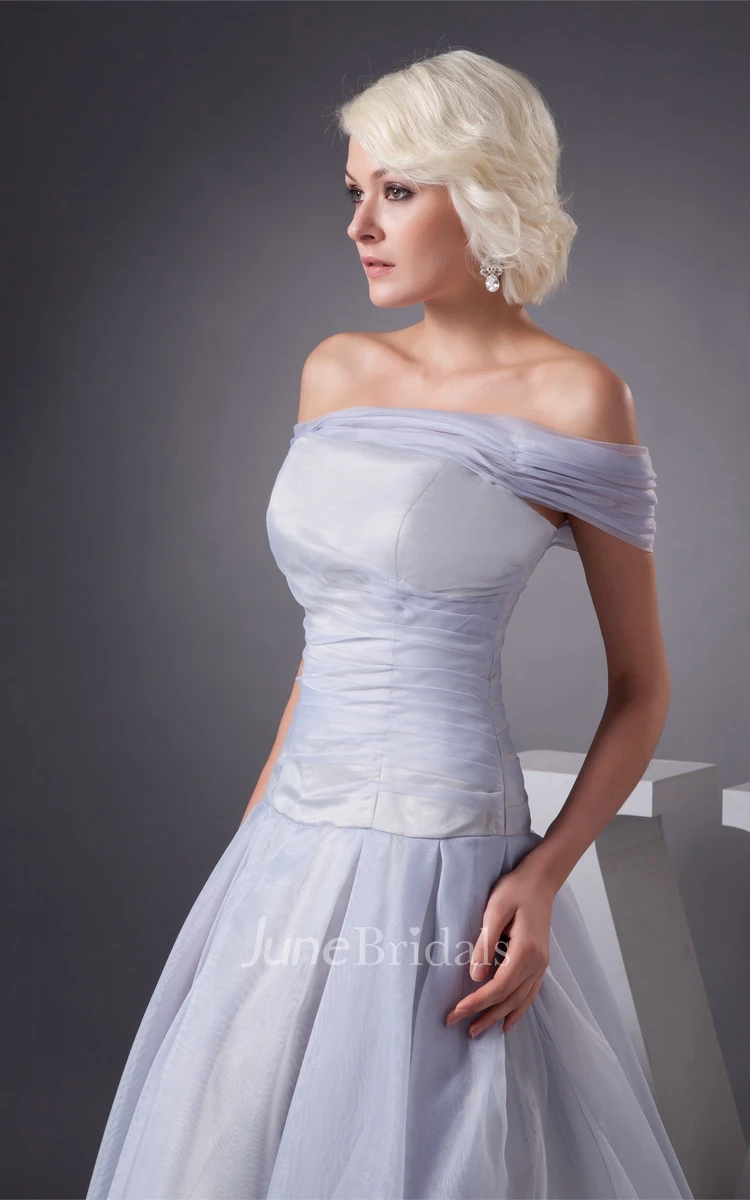 Off-The-Shoulder Ruched A-Line Gown with Pleats and Brush Train