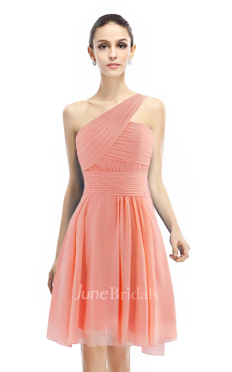 Knee-length One-shoulder Ruched A-line Dress With Band