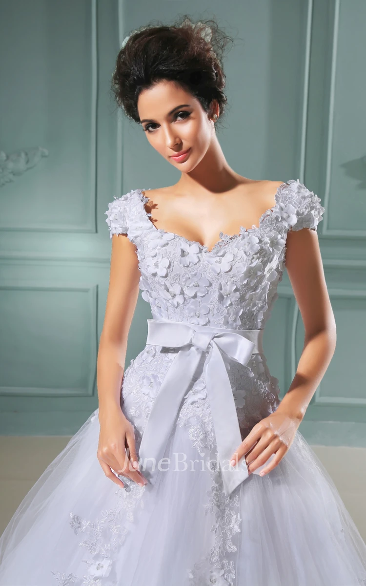 A-Line Queen Anne Gown With Lace Bodice And Ruffles