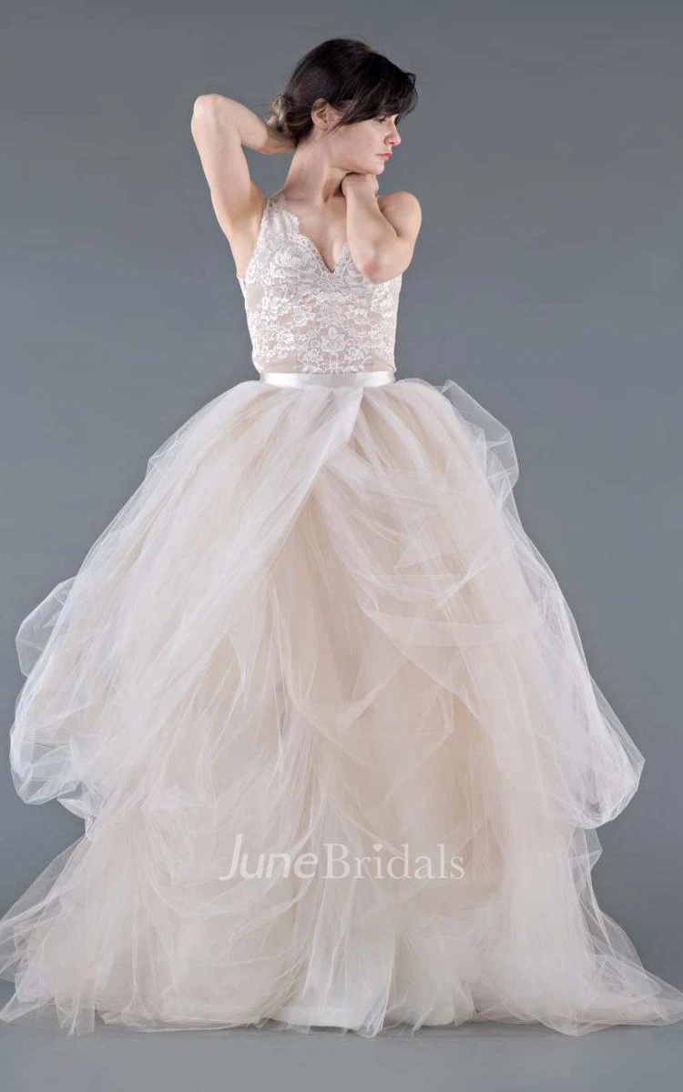 Tulle Organza Lace Button Zipper Wedding Dress
