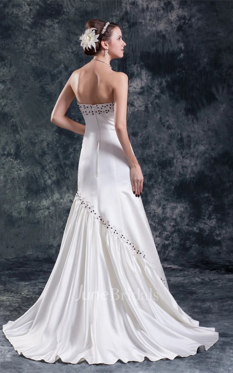 strapless draped a-line satin gown with appliques and beading