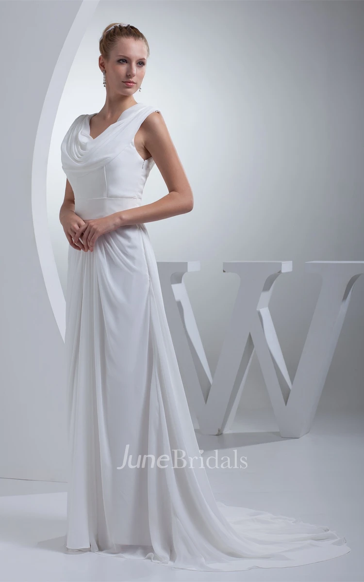 Cap-Sleeve Ruffled Cowl Neck Dress with Pleat and Waistband