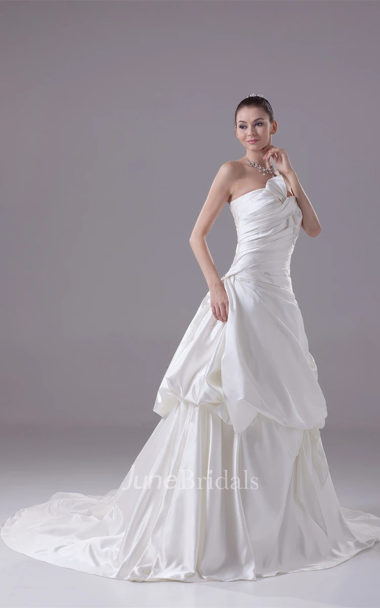 Strapless Pick-Up A-Line Gown with Bow Criss-Cross Ruching