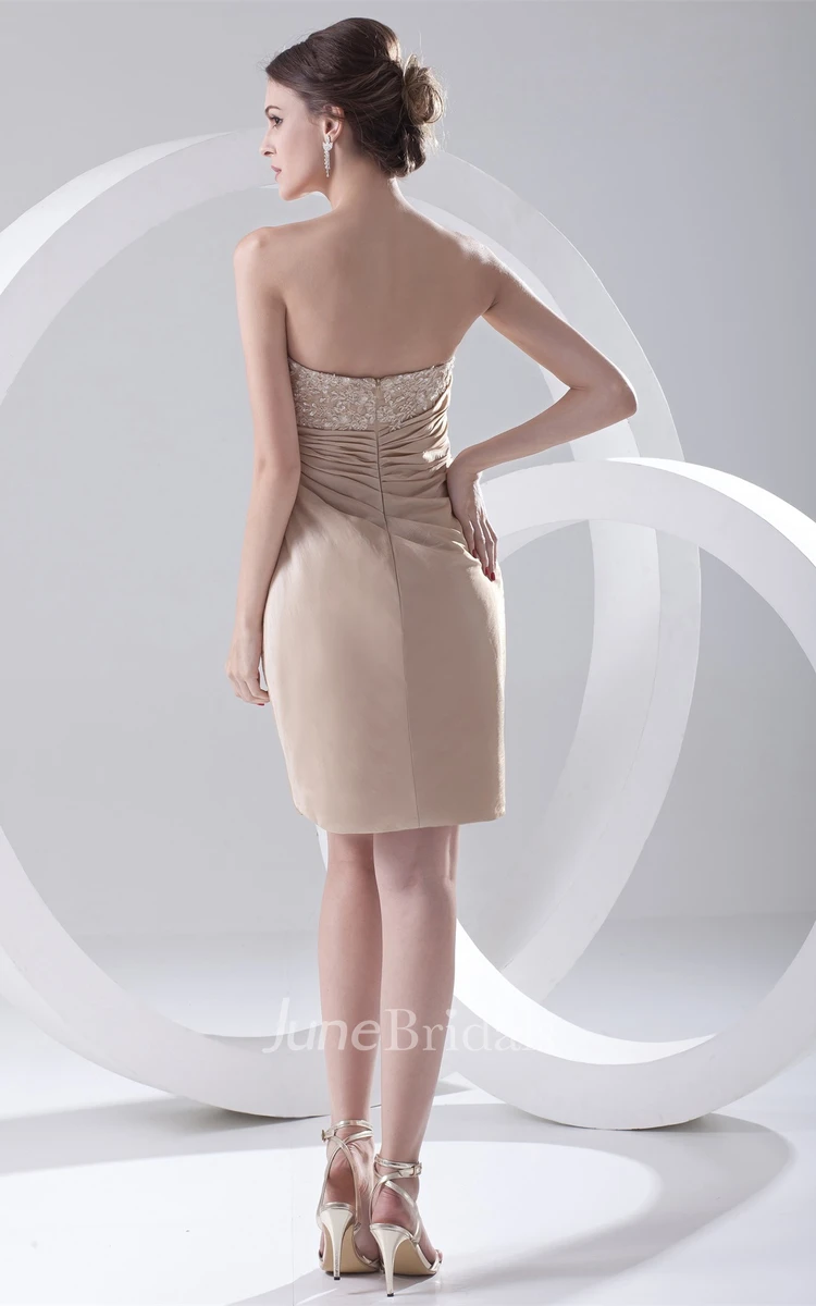 strapless mini fitted dress with side draping and appliques