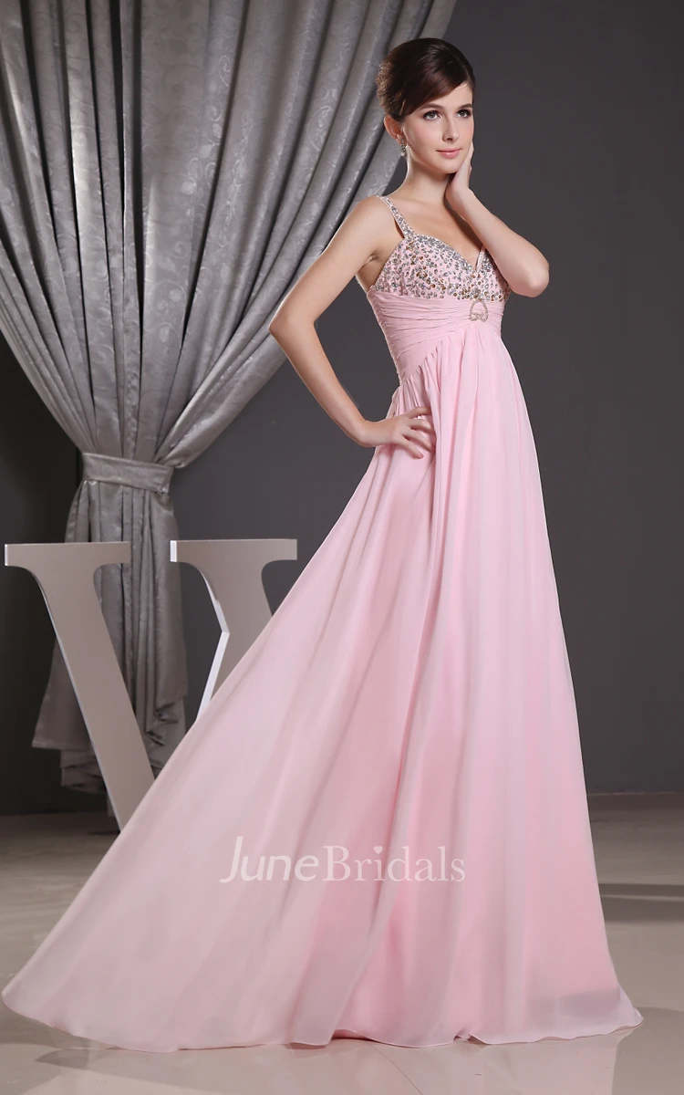 Chiffon Empire Floor-Length Dress With Beading and Ruched Waist