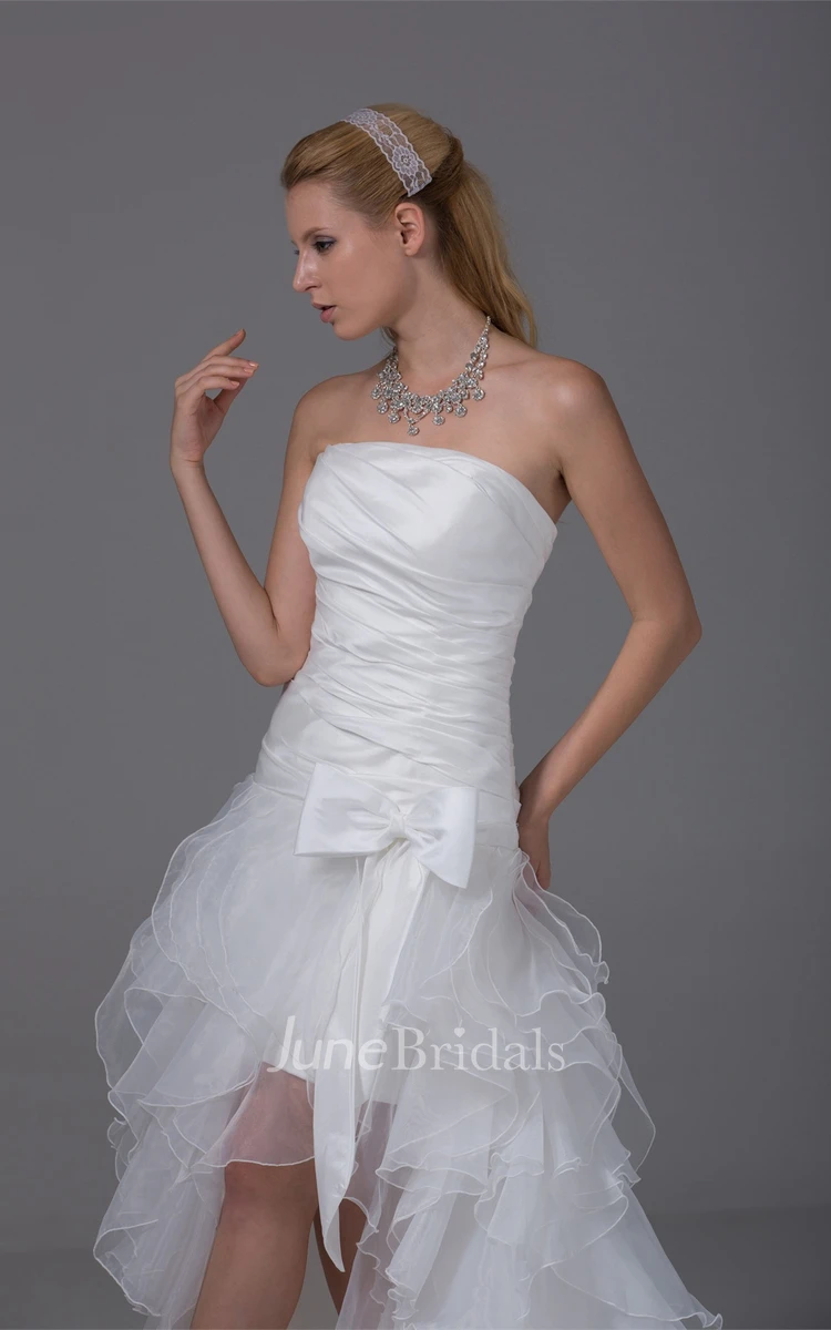 Strapless High-Low Ruffled Dress with Ruching and Bow