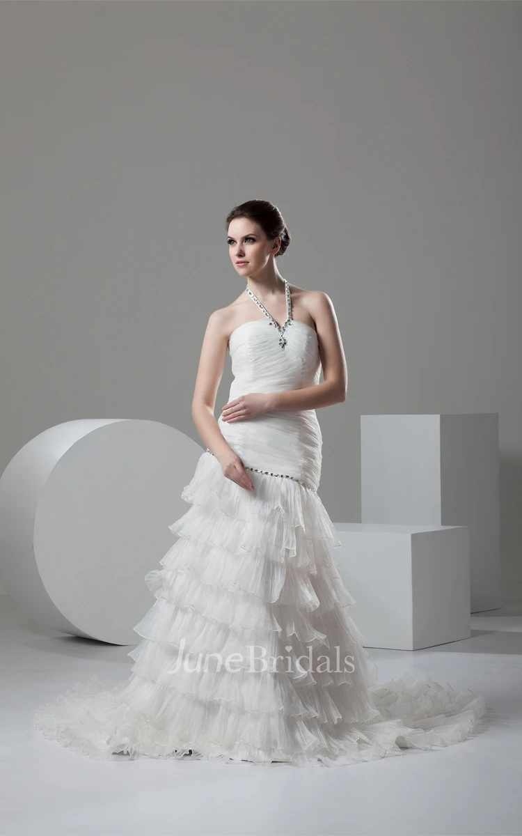 Sleeveless Ruched A-Line Dress with Beading and Tiers