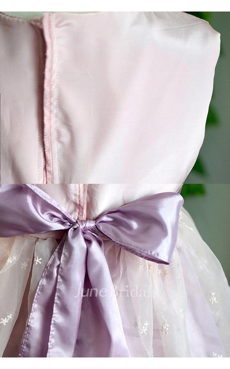 Satin Bodice Pleated Organza Layer Dress With Flower Sash