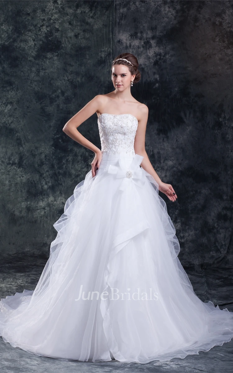 Caped-Sleeve Tulle A-Line Ball Gown with Beading and Embroideries