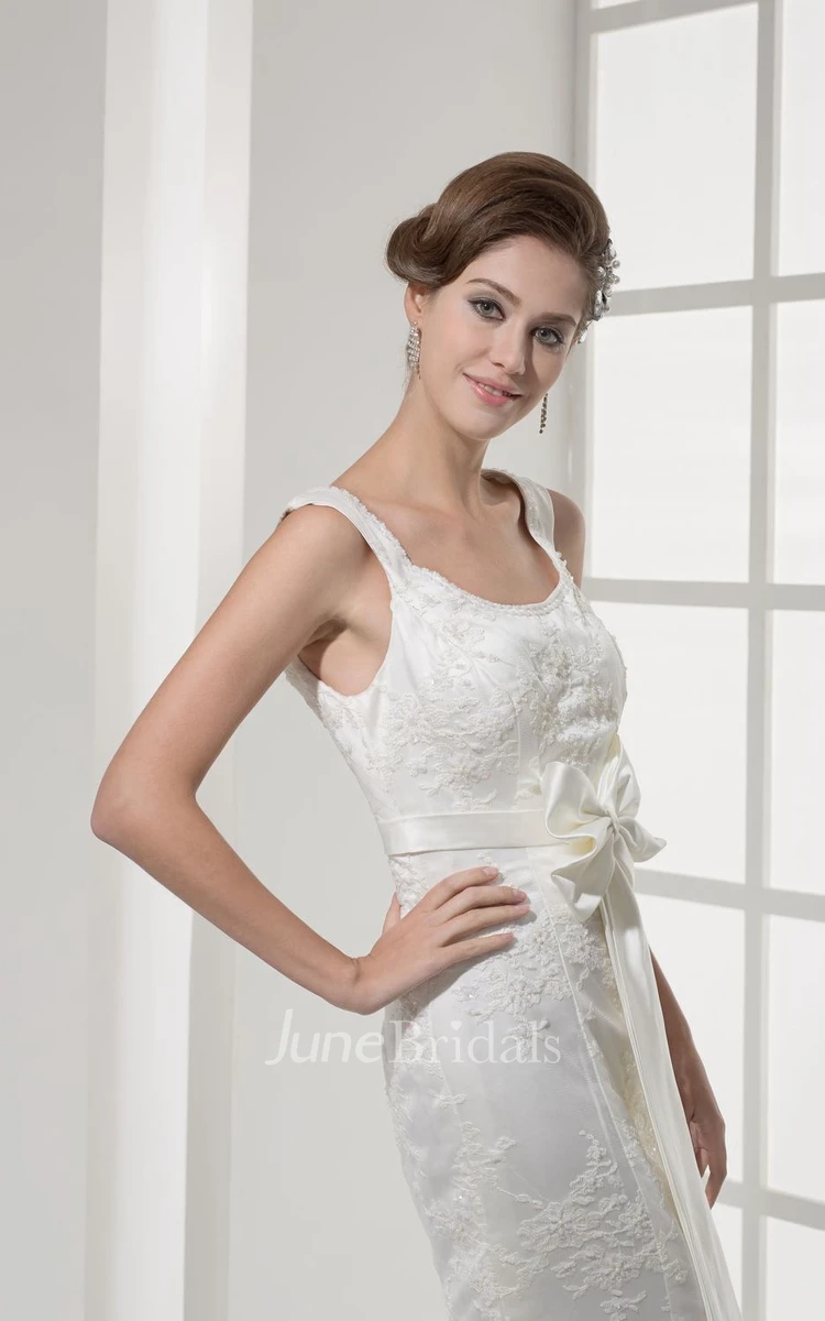 Simple Square-Neck Sleeveless Mermaid Dress With Ribbon and Lace Appliques