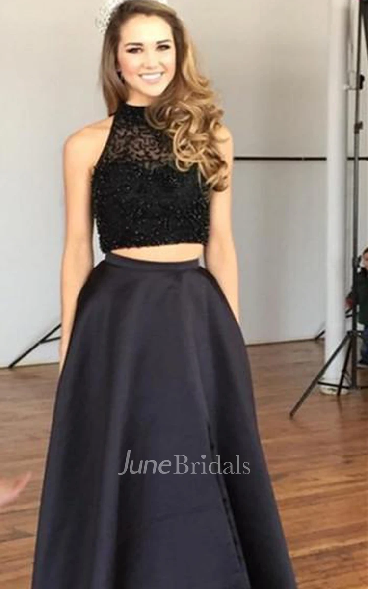 Sexy Two Piece Beadings Evening Dress Front Split Sweep Train