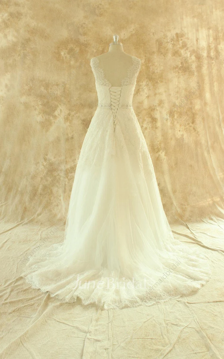 A-Line Tulle Lace Weddig Dress With Beading Sash Ribbon