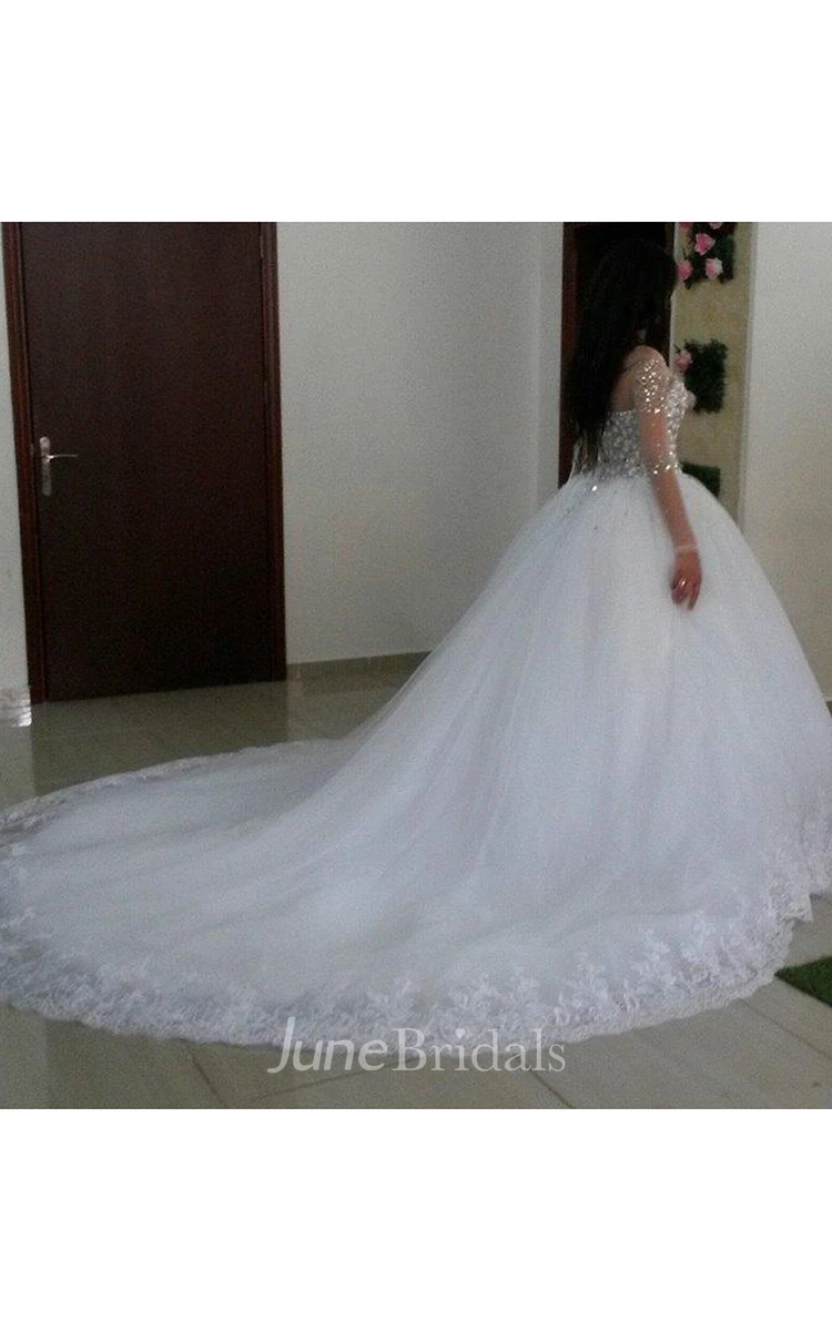 Newest Crystals Tulle Lace Illusion Wedding Dress Long Sleeve Ball Gown