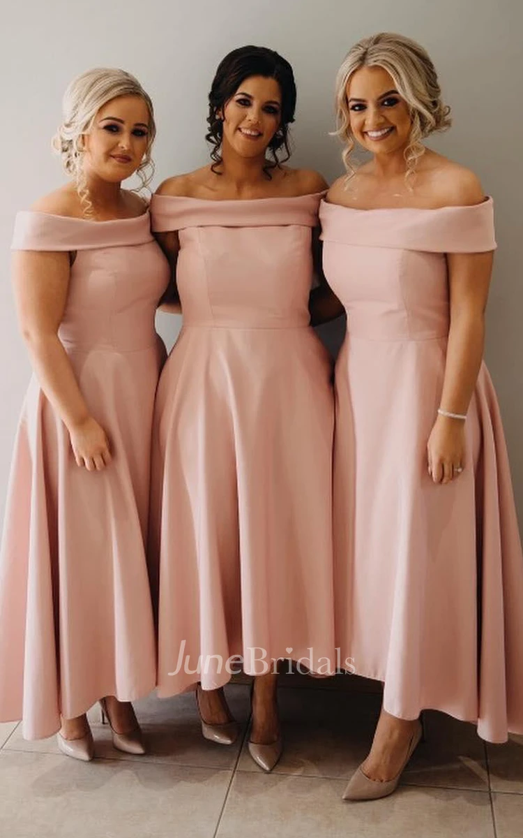 Solid A Line Satin Off-the-shoulder Sleeveless Bridesmaid Dress with Pleats
