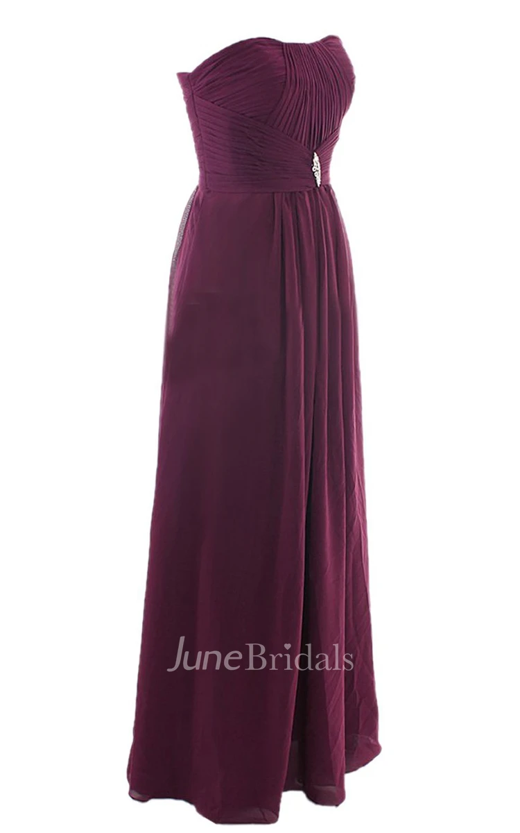Elegant Strapless Ruched A-line Gown With Crystal Brooch
