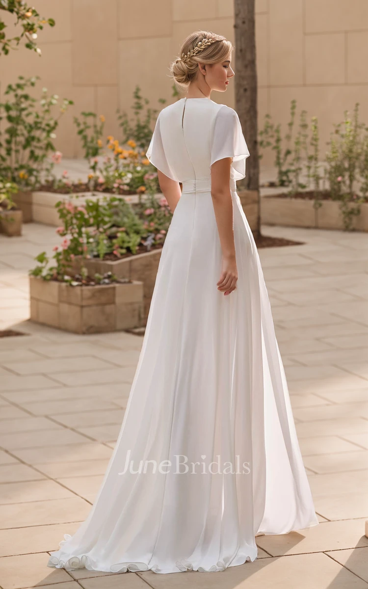 Modern Simple Sheath Jumpsuit Love Conquers All Wedding Dress Modest V-Neck Short Sleeve Closed Back Sweep Train Courthouse Bridal Gown