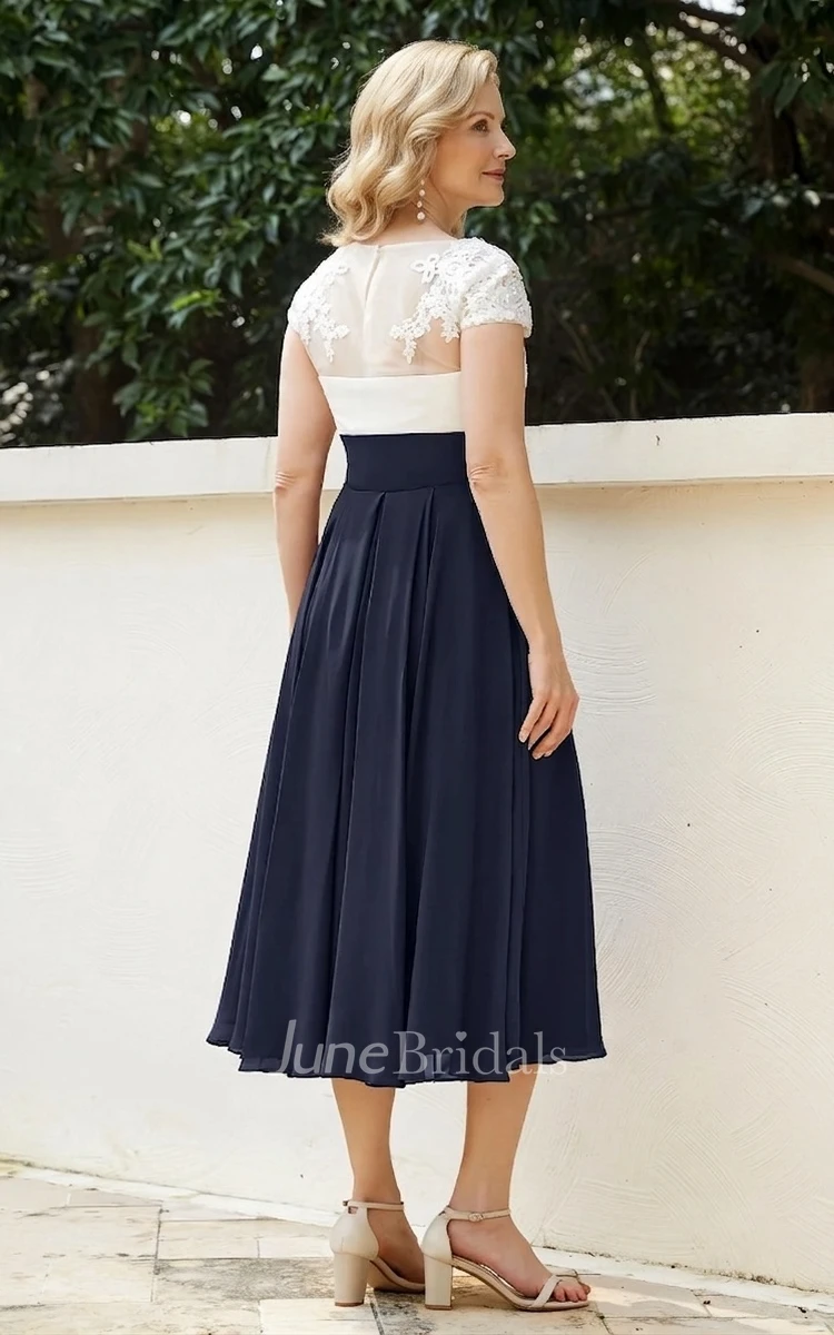 A-Line V-neck Lace Appliques Chiffon Petite Tea-length Sexy Elegant Short Cap Sleeve Mother of the Bride Guest Dress