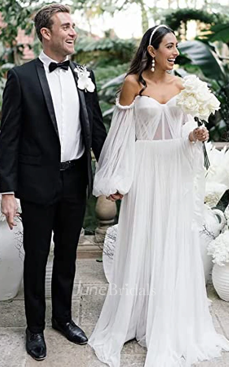 Tulle Long Sleeve Off The Shoulder Wedding Dress With Slit Tulle Long Sleeve Off The Shoulder Wedding Dress With Slit