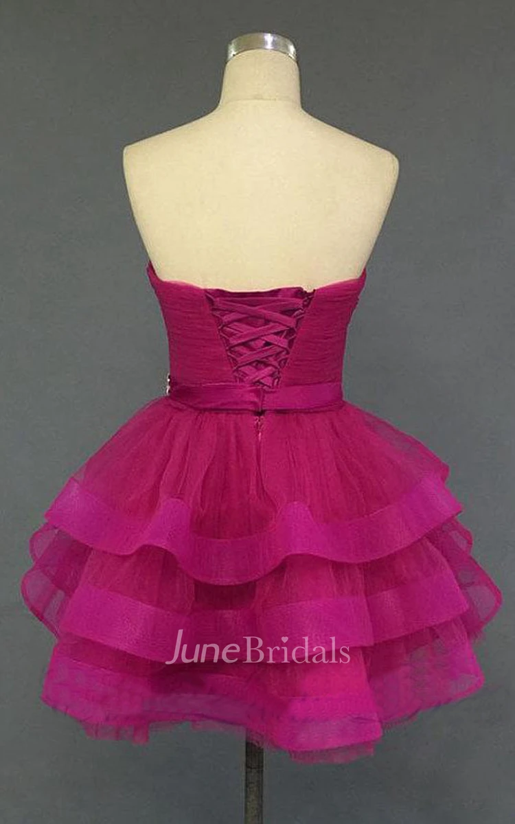 Sweetheart Ruched Tiered Short Organza Dress With Beading 