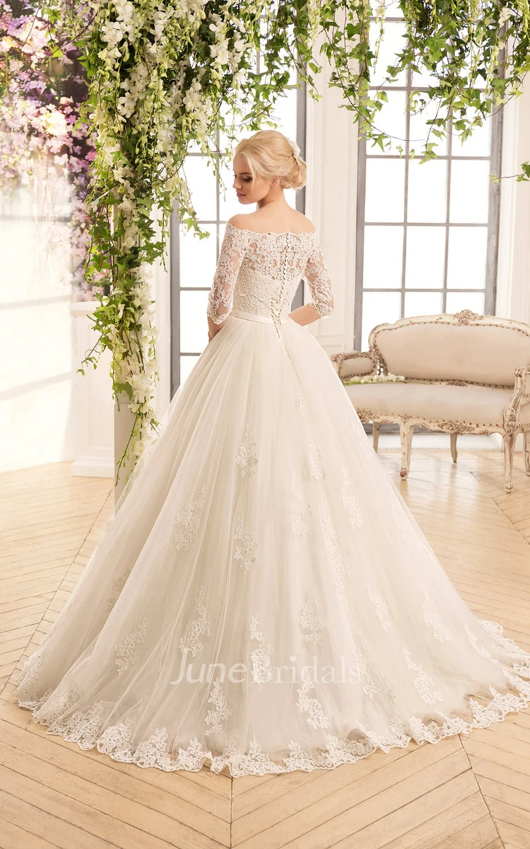 A-Line Floor-Length Off-The-Shoulder Half-Sleeve Illusion Lace Tulle Dress With Appliques