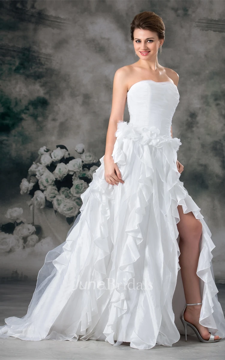 Strapless Ruffled Front-Split A-Line Dress with Ruched Bodice