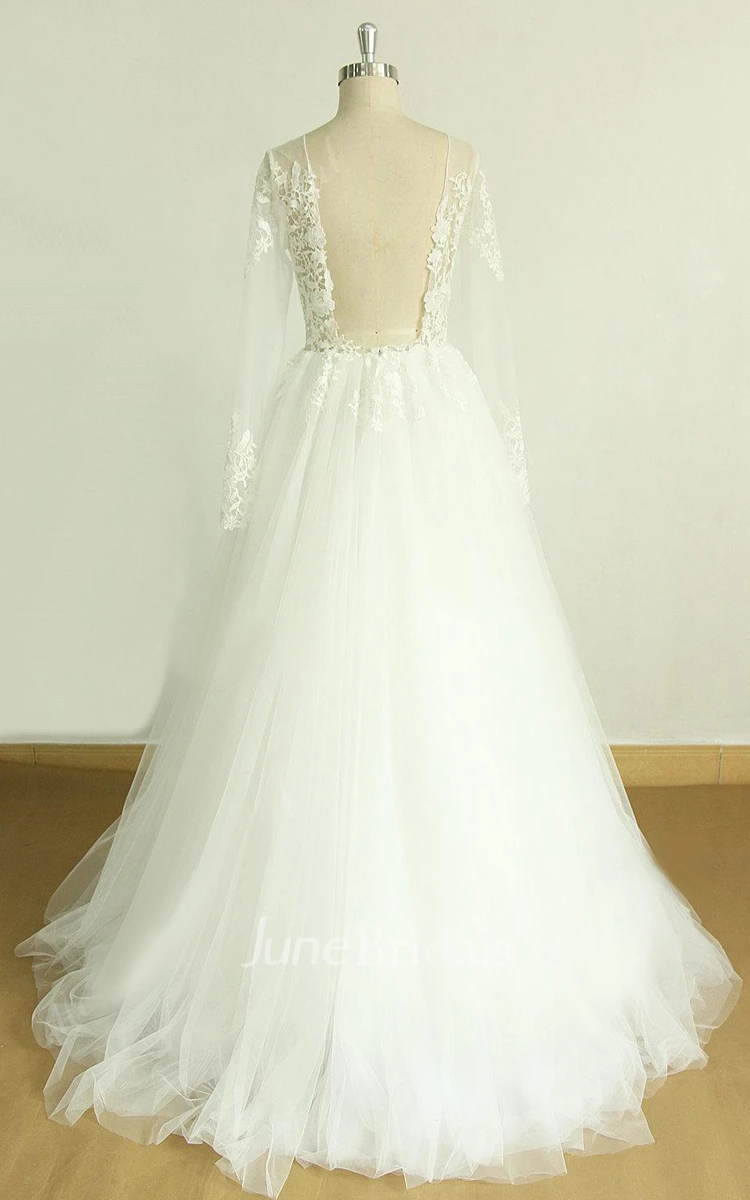 A-Line Long Sleeve Tulle Lace Satin Weddig Dress