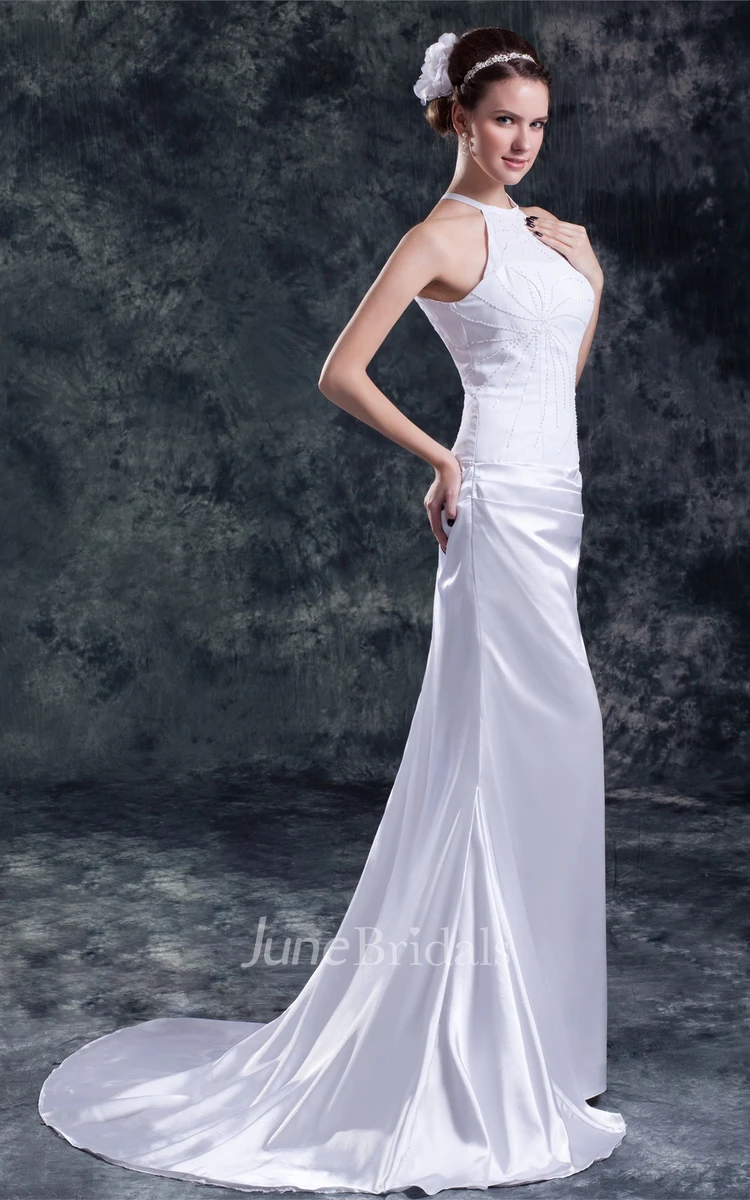 high-neck satin mermaid sleeveless dress with keyhole back and beading