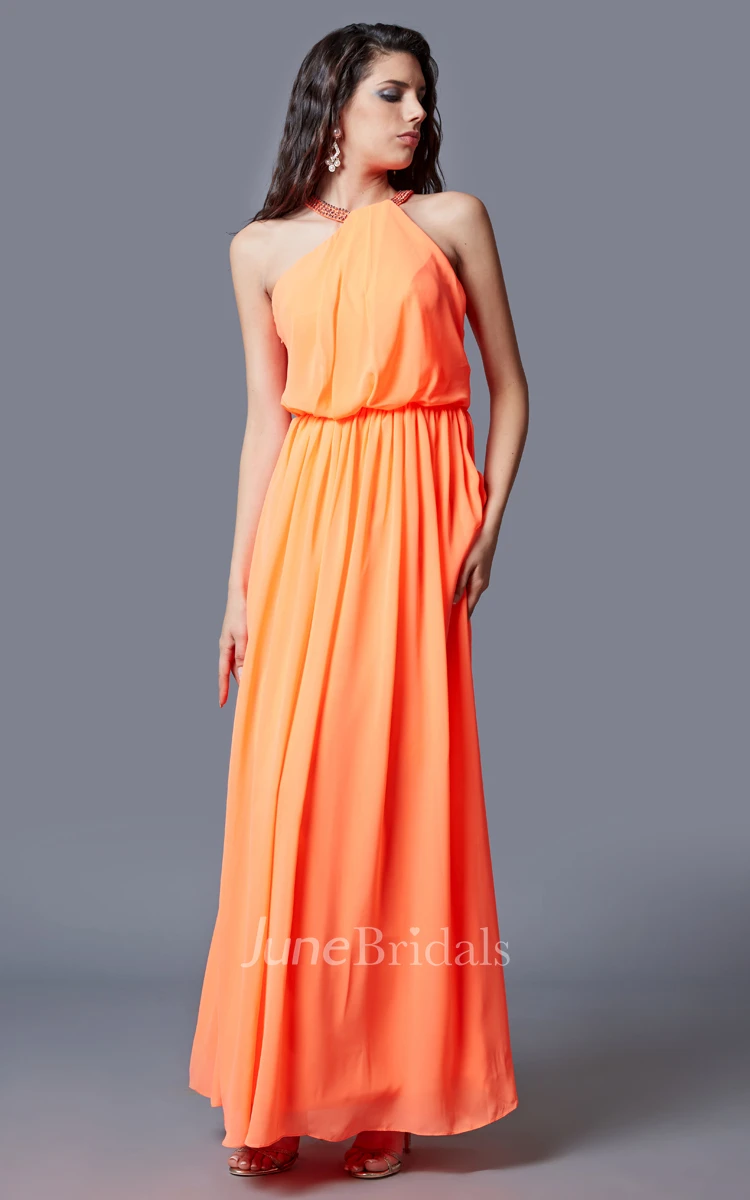 A-line Sleeveless Pleated Chiffon Gown With Beaded Detail Neckline