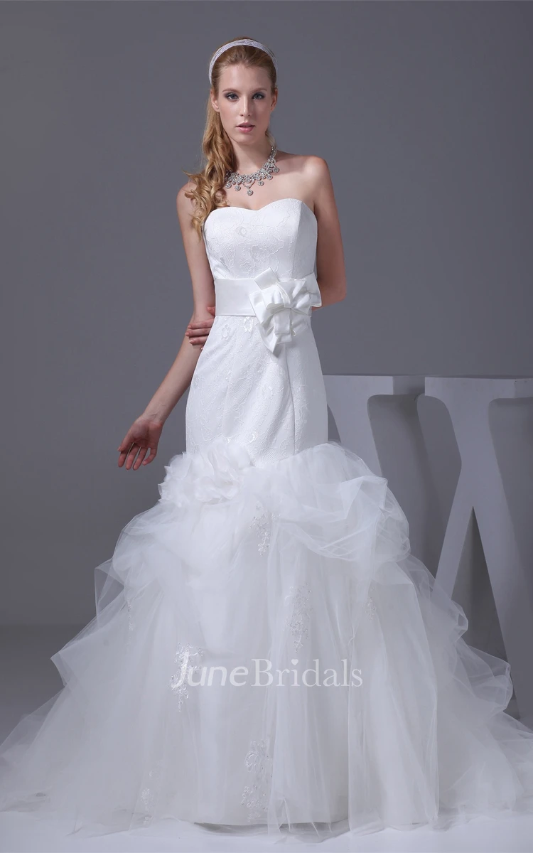 Strapless Mermaid Appliqued Dress with Bow and Tulle Overlay