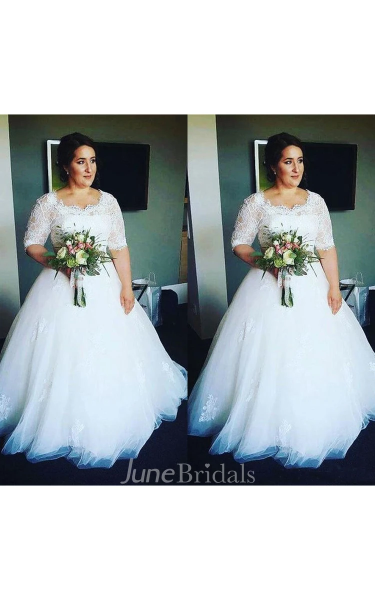 Half Sleeves Lace Bodice Appliques Tulle Fluffy Skirt Plus Size Wedding Dress