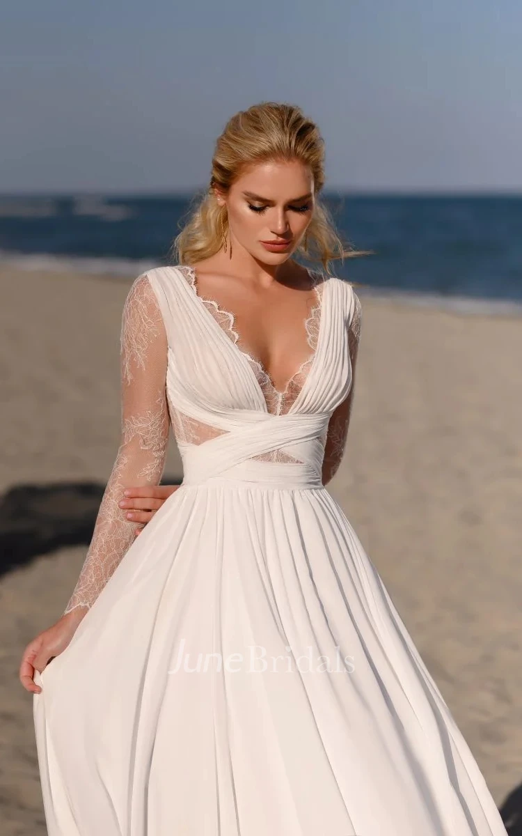 Ethereal A Line Bateau Lace Floor-length Wedding Dress with Ruching