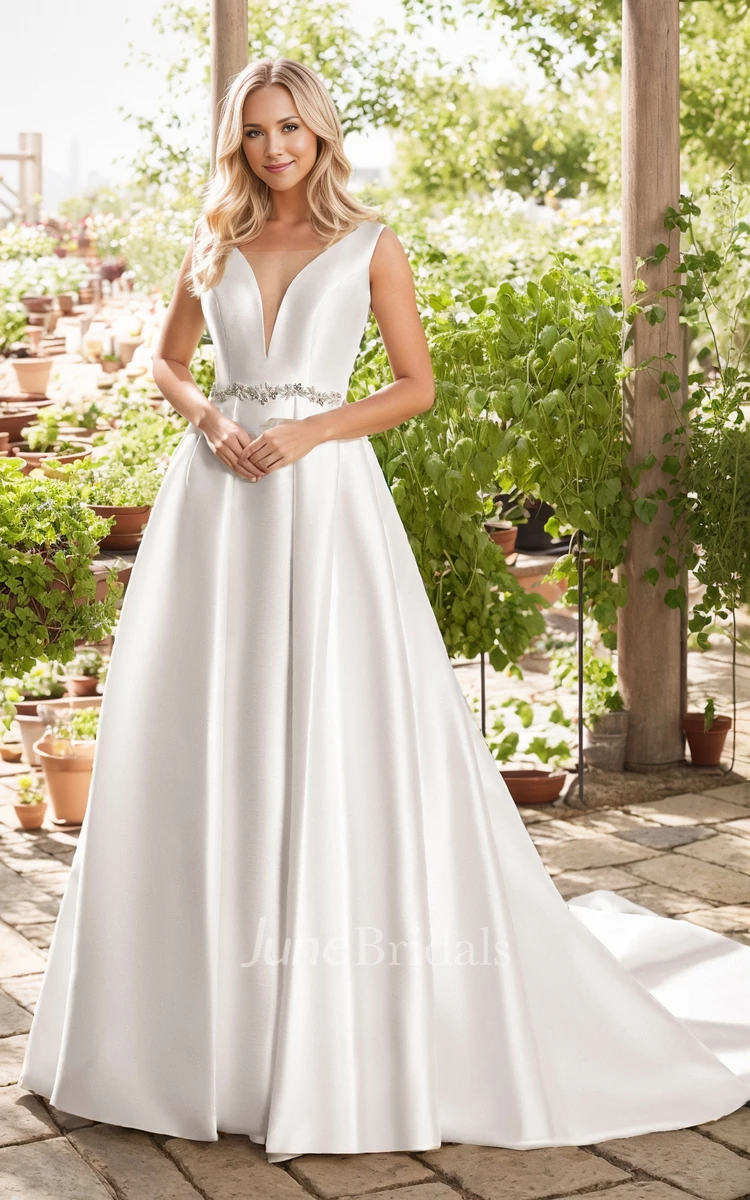 Flowy Beach A-Line Plunging Neckline Long Wedding Dress Minimalist Elegant Sleeveless Deep-V Back Sashed Solid Garden Bridal Gown with Train