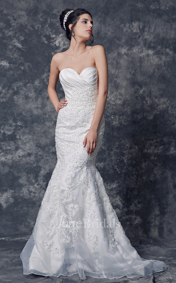 Strapless Ruched Organza Gown With Satin Bust and Lace Applique