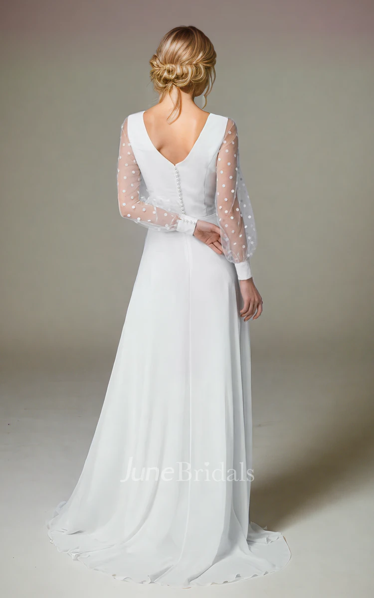 A-line Classic Polka Dot Dress Adorable Illusion Long Sleeve V-Neck V-Back Trailing Bridal Gown