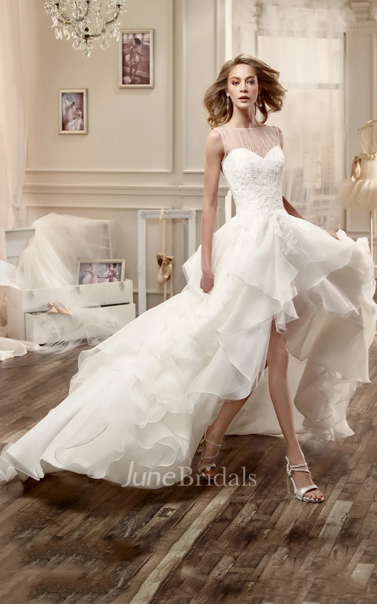 Jewel-Neck High-Low Wedding Dress With Cascading Ruffles And Beaded Bodice