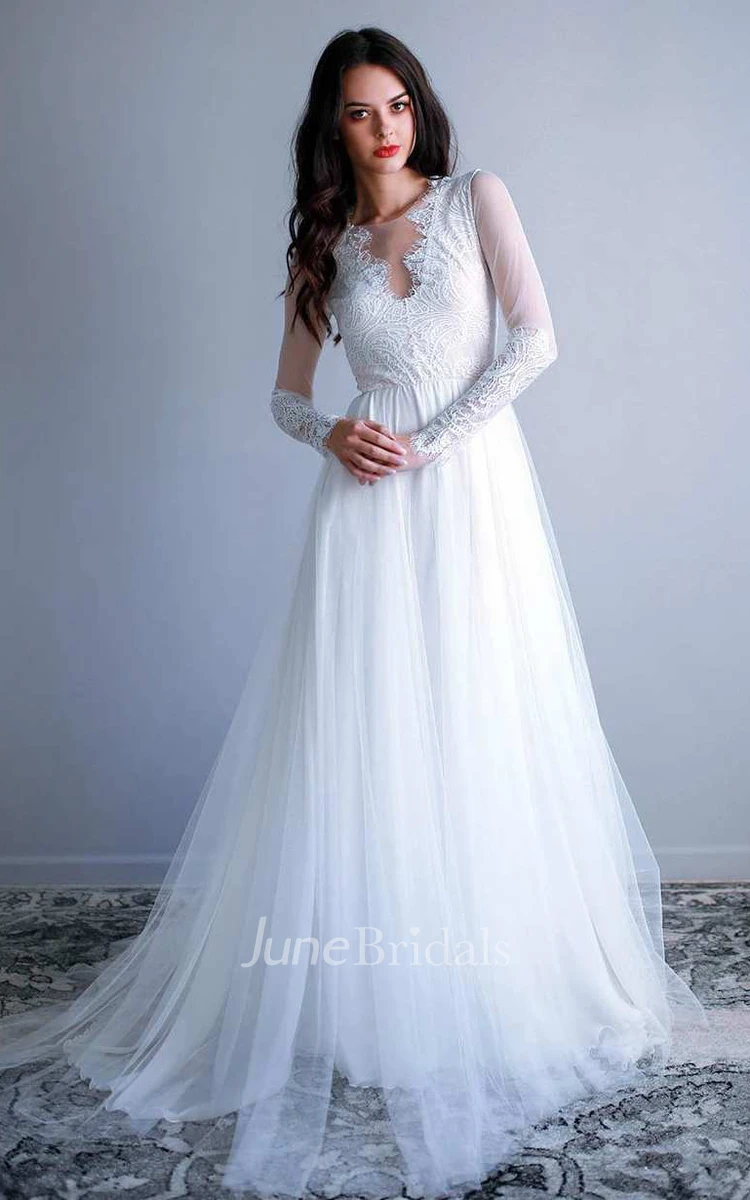 Illusion Scoop-Neck Long Sleeve Lace Tulle Wedding Dress With Pleats