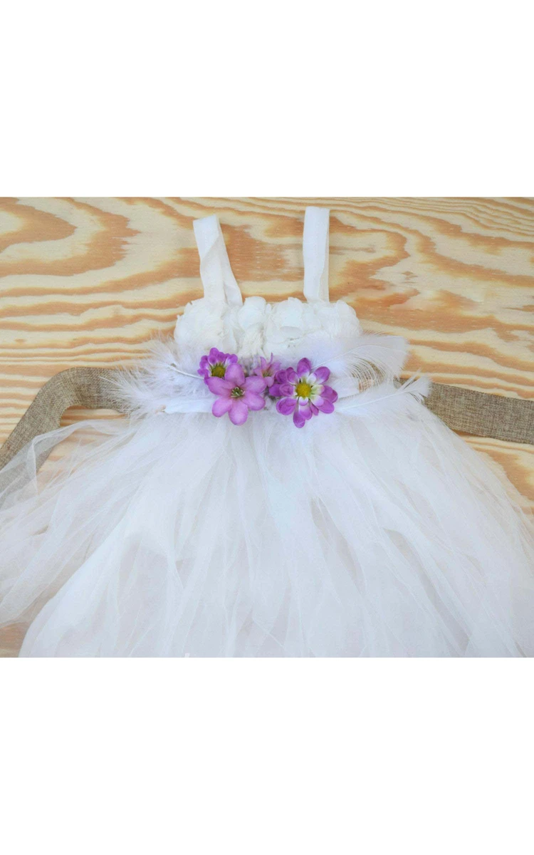 White Feathers and Flowers Tulle Baby Girl Dress With Pleated