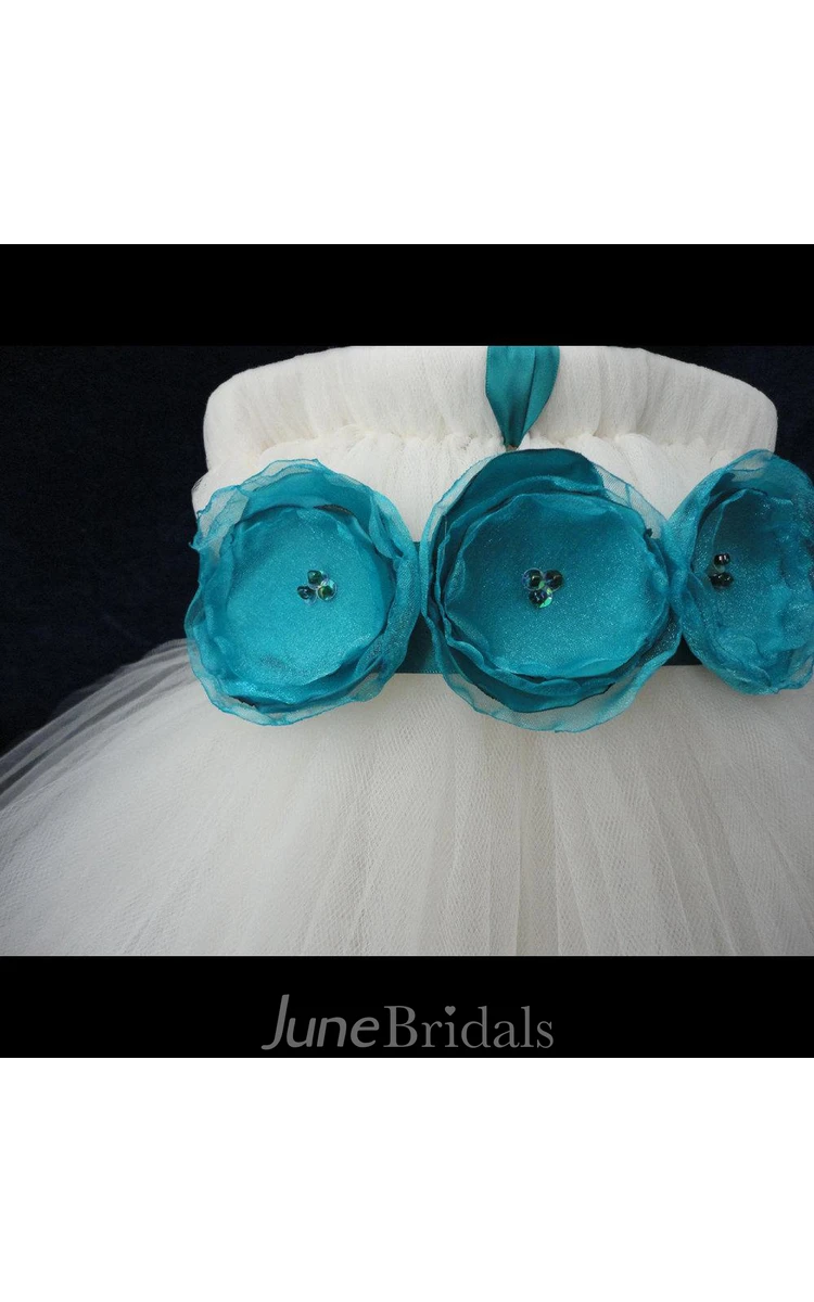 Sleeveless Pleated Tulle Ball Gown With Flower Waist