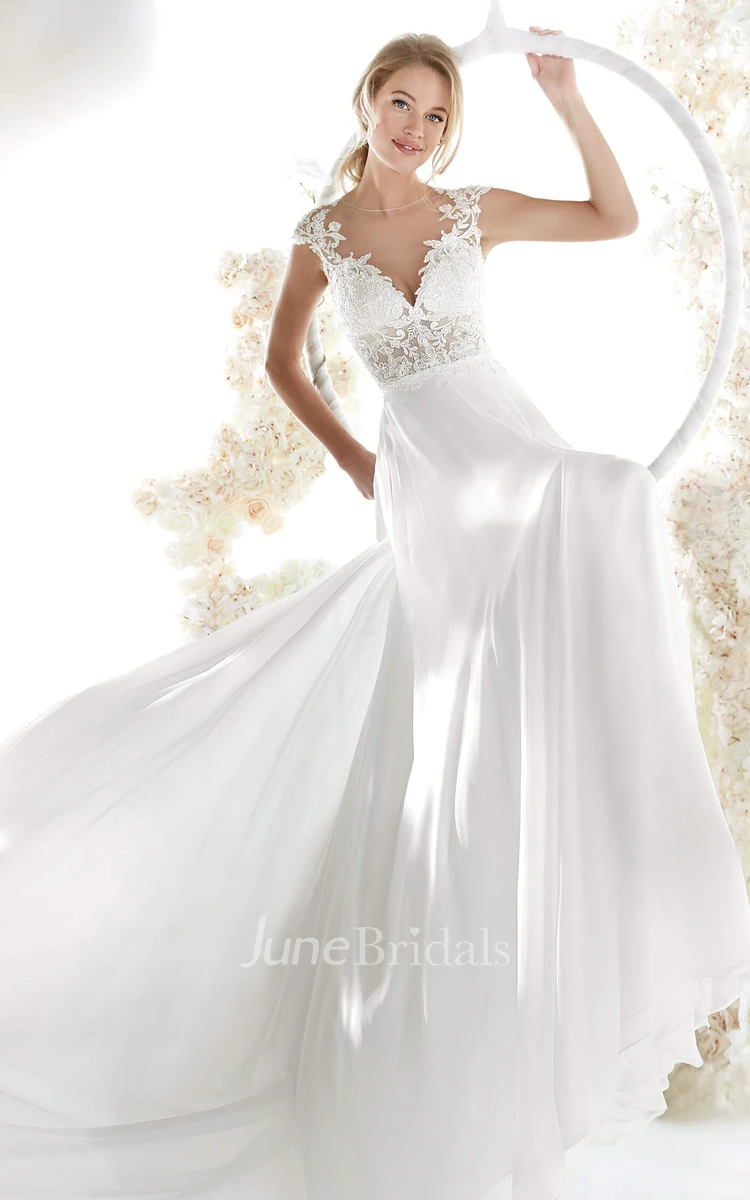 Lace And Chiffon Cap Sleeve Elegant Illusion Wedding Gown With Plunging Neckline And Keyhole Back